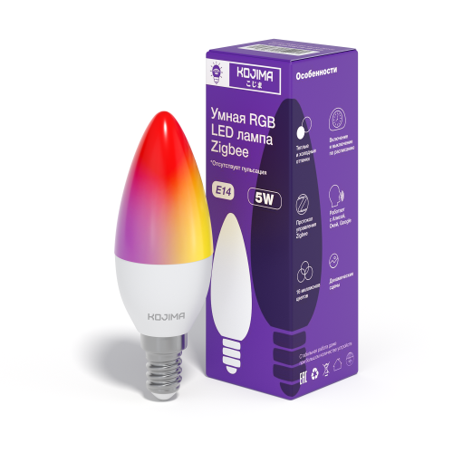Умная светодиодная лампочка RGB Zigbee, Яндекс Алисой, Google Home, Марусей, Smart Bulb E14 5W